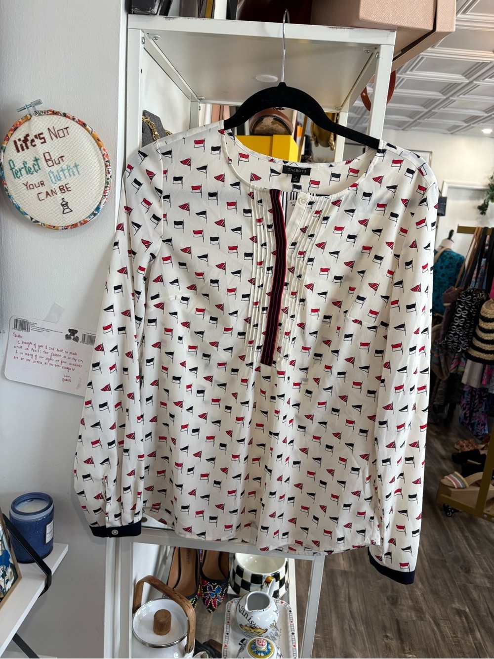 Talbots White Long-Sleeve Popover Top with Red and Navy Flag Print